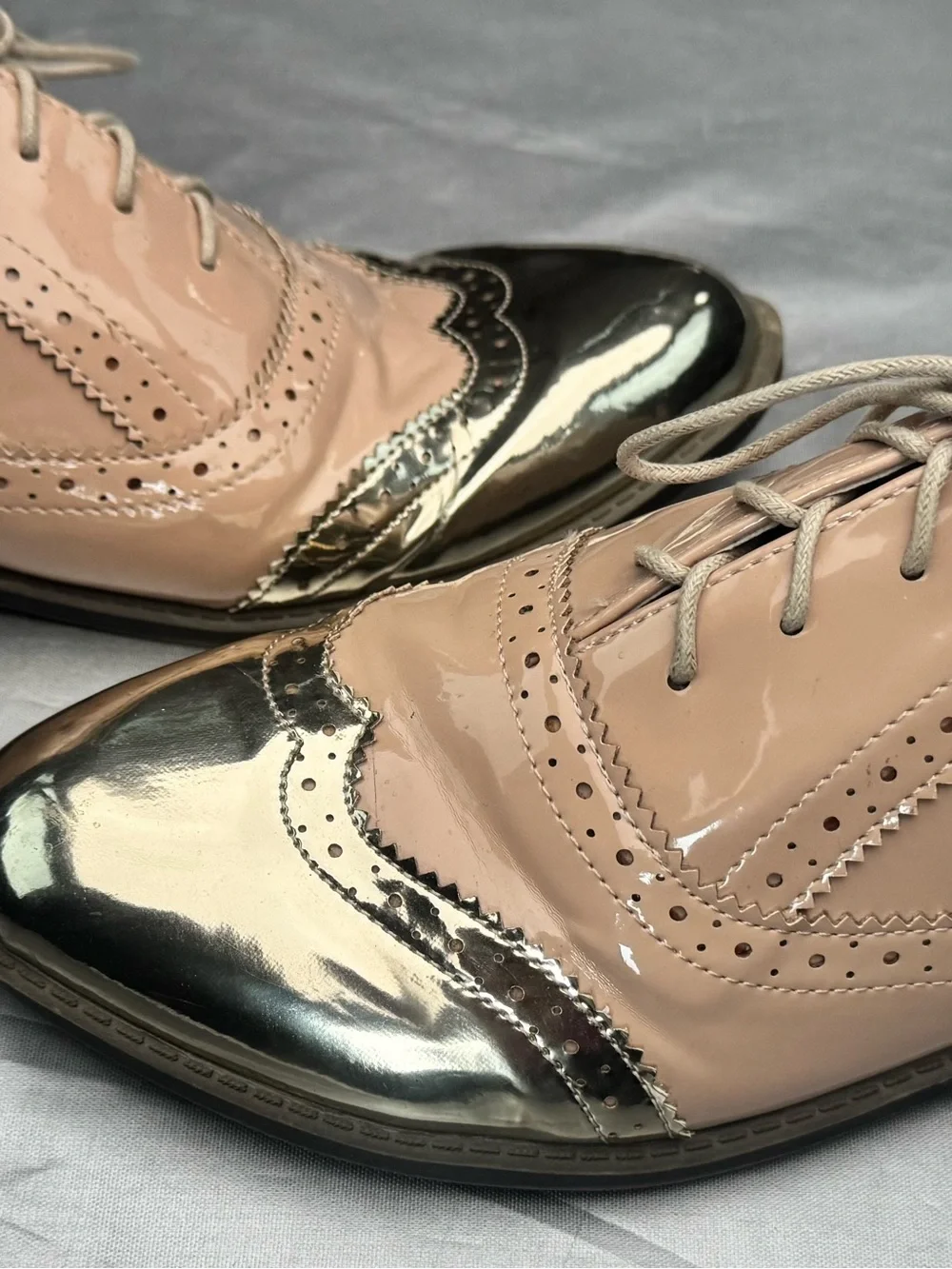 Women's Patent Leather Brogue Oxfords in Blush with Metallic Toe Size 7